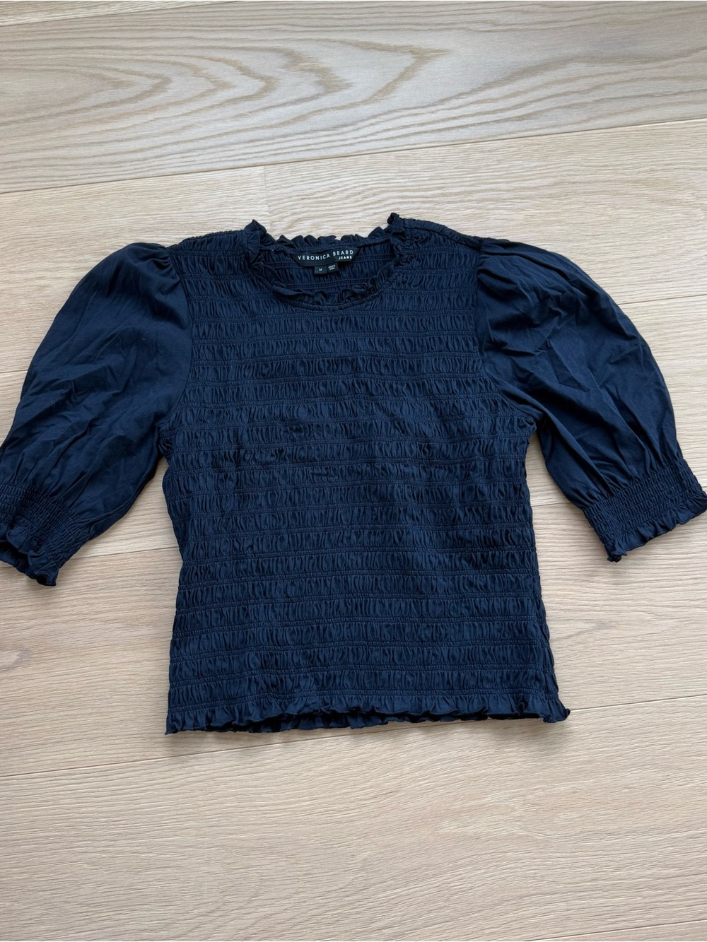 Veronica Beard - Smocked Puff-Sleeve Top in Navy - Picture 2 of 8